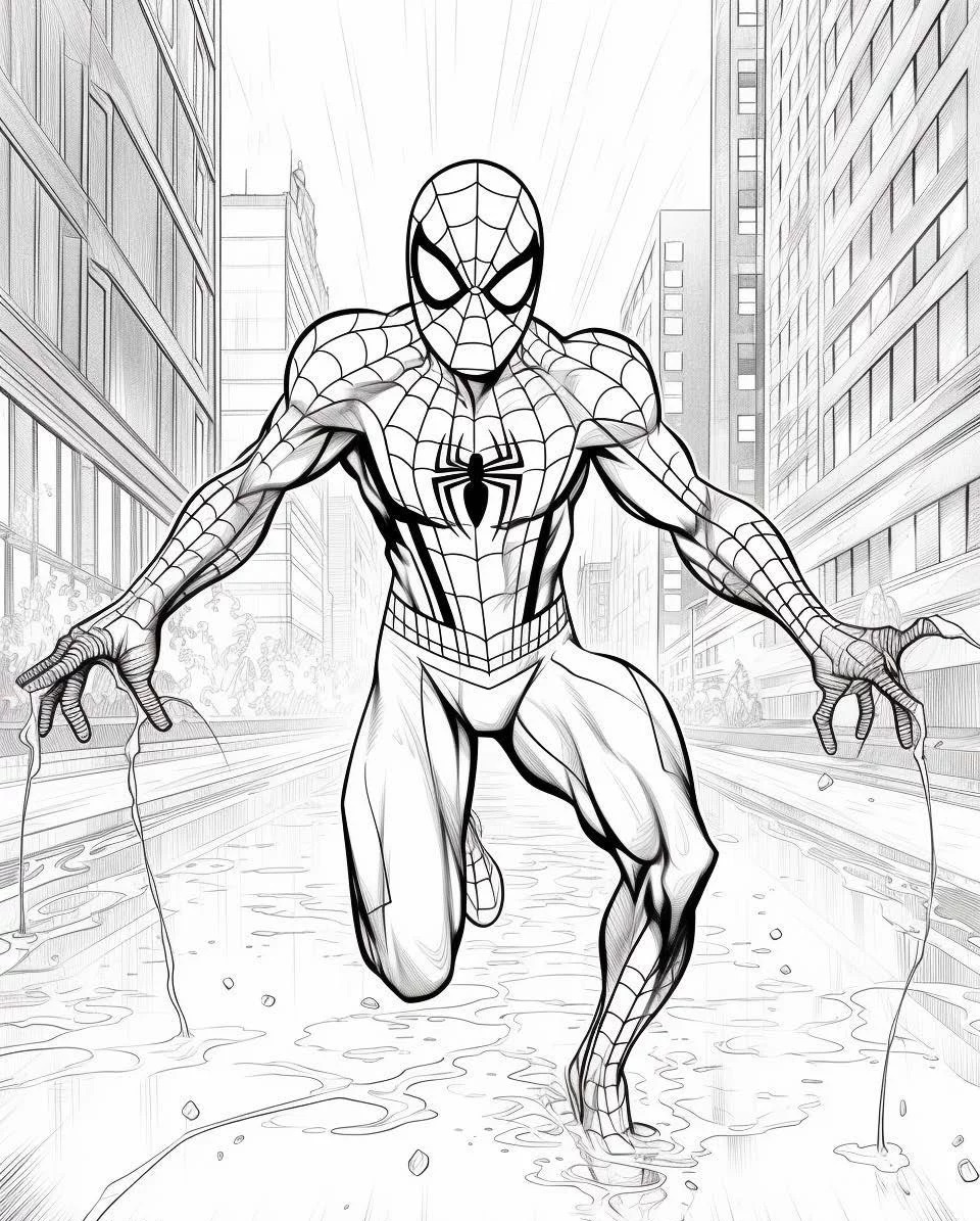 Pagina da colorare dettagliata di Spiderman per bambini