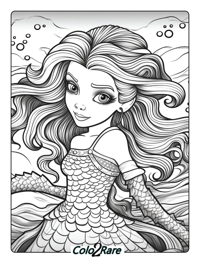 disegni da Sirena colorere con capelli lunghi ricci